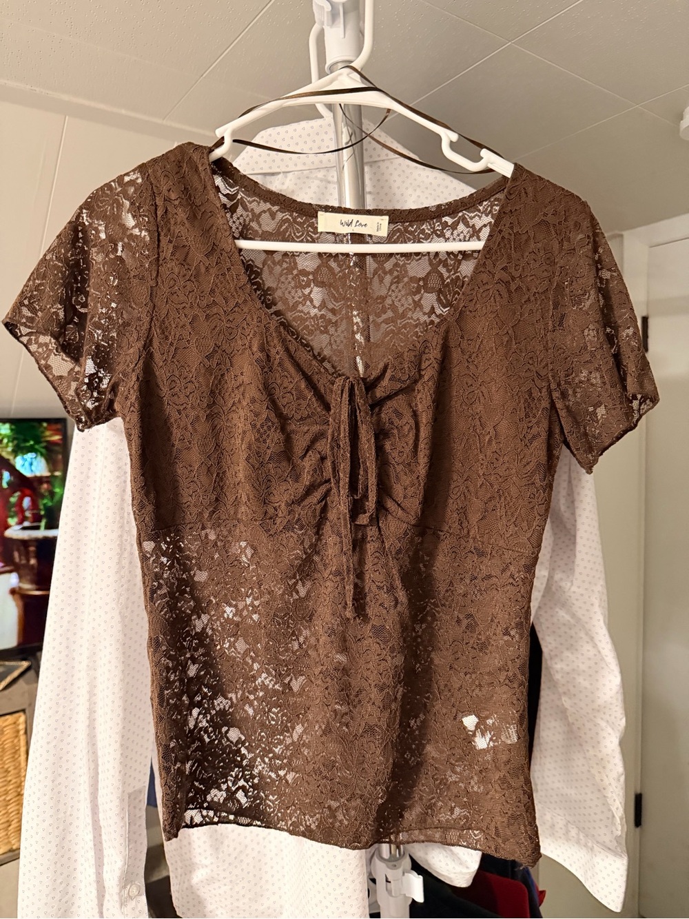 wild fable Brown Lace Tie-Front Short Sleeve Top